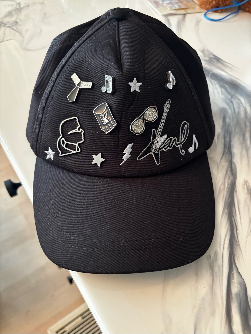 Karl Lagerfeld Black Baseball Cap with Silver Music Pins